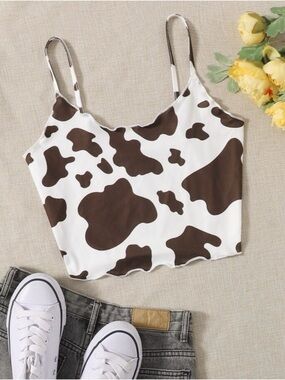 Brown Cow-Print Spaghetti Strap Crop Tank Top